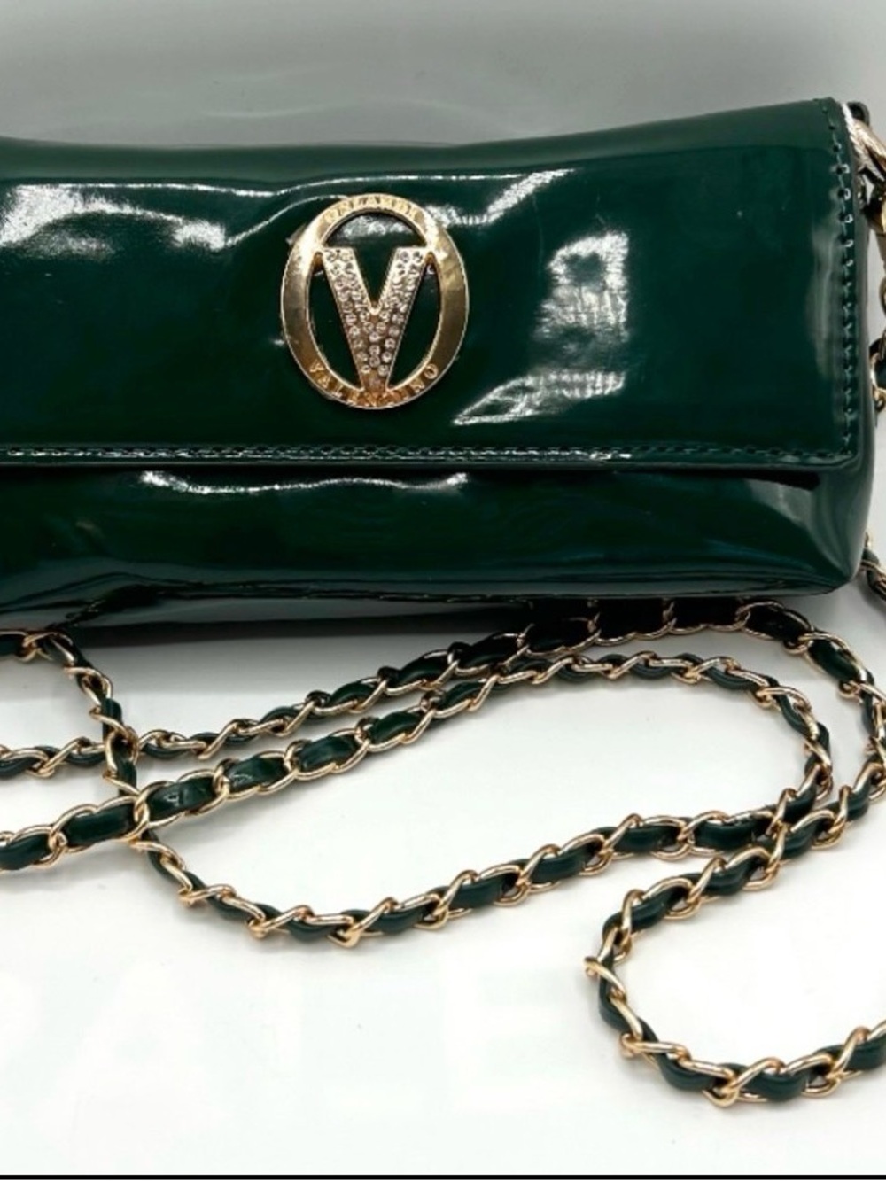 Valentino Orlandi Emerald Patent Mini Crossbody with Gold Chain